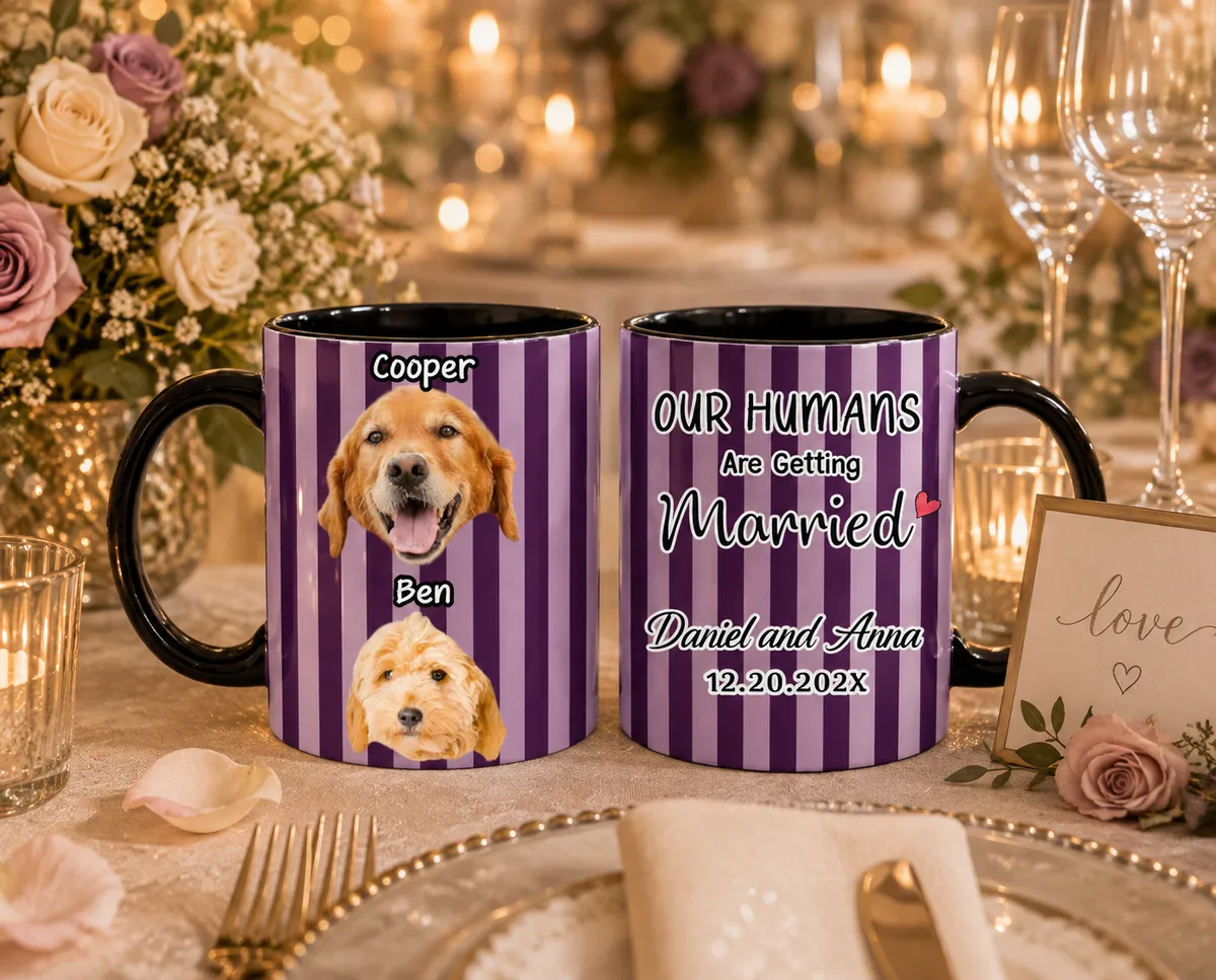 Our Humans Are Getting Married - Personalized Set of 2 Stripe Pet Photo Ceramic Mugs