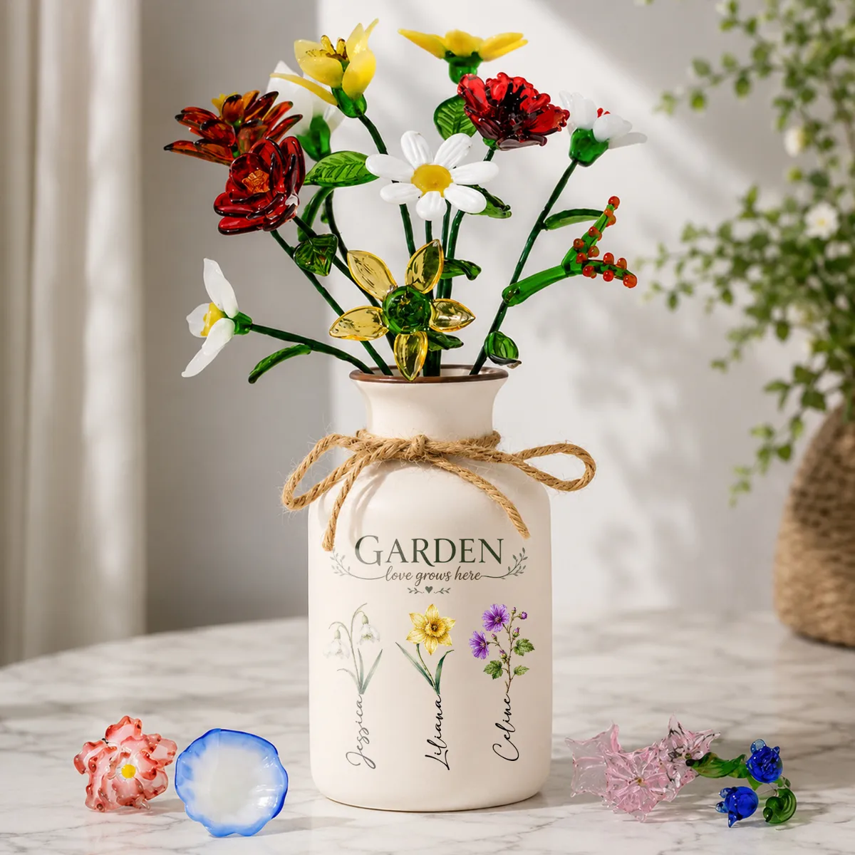 Grandma's Garden - Personalized Vase With Glass Birth Month Flowers