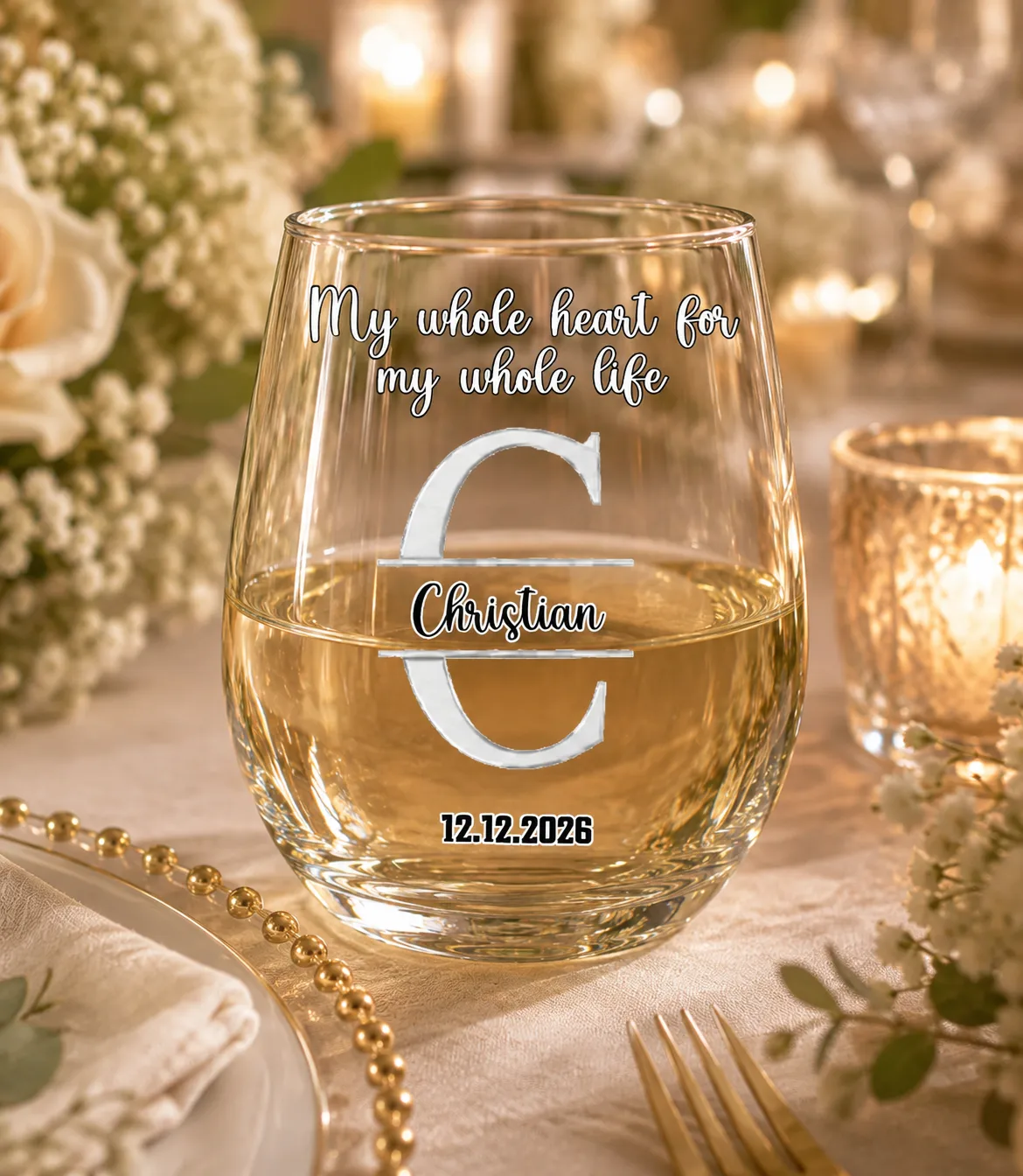 Personalized Monogram & Romantic Quote UV Printed Eggshell Glass Cup, Custom Engraved Groomsmen, Husband, & Gay Wedding Glassware