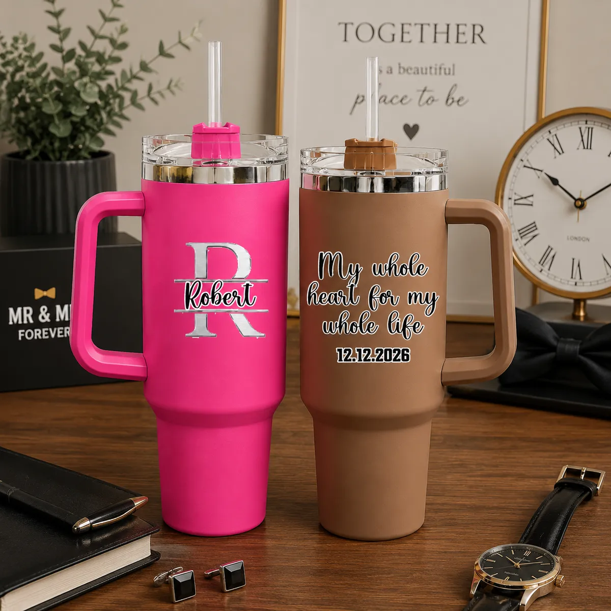 Personalized "My Whole Heart for My Whole Life" & Split Monogram 40oz Tumbler, Custom Groomsmen & Wedding Travel Tumbler