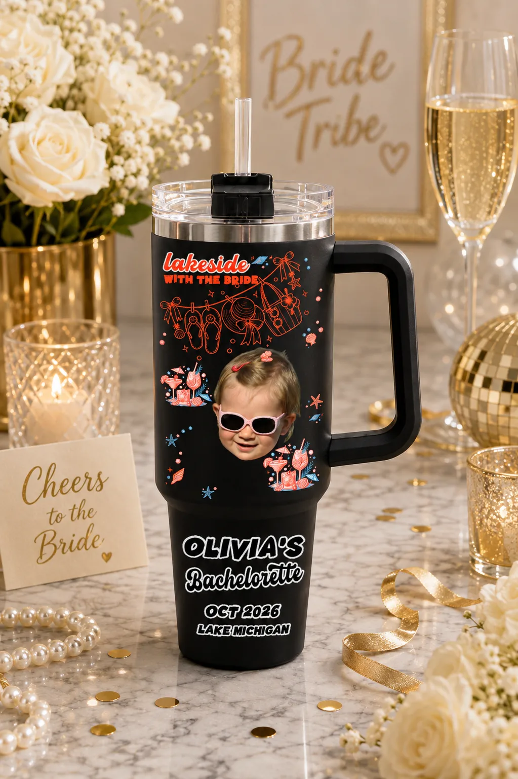 Custom Face 40oz Tumbler with Handle, Lakeside With The Bride Personalized Bachelorette Travel Mug & Lake Bach Drinkware