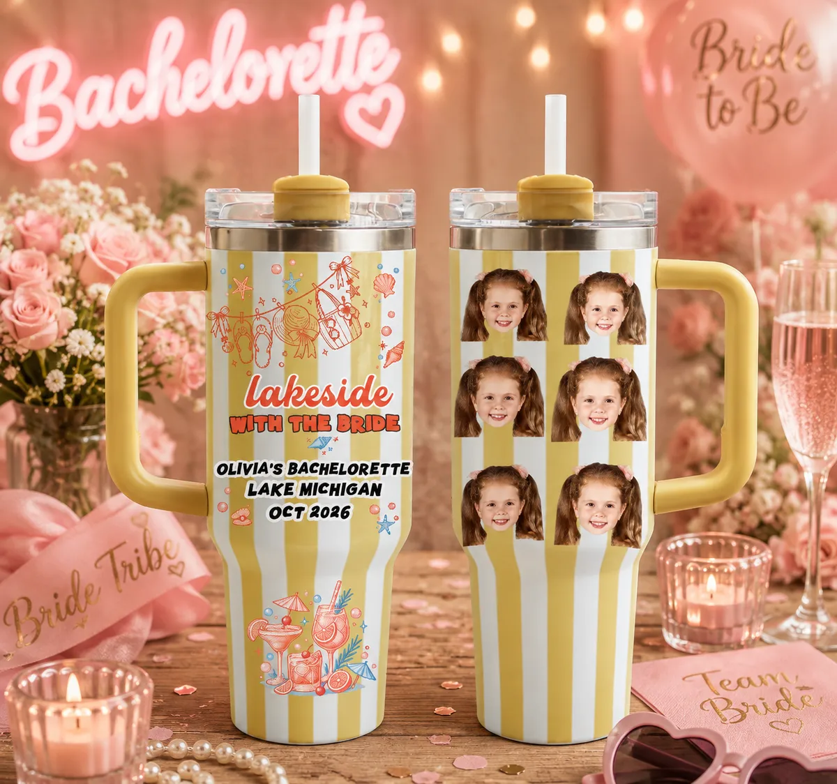 Custom 40oz Set of 2 Striped Tumblers, Lakeside With The Bride Travel Mug, Personalized Face Bachelorette Cup, Lake Bach Weekend Insulated Tumbler