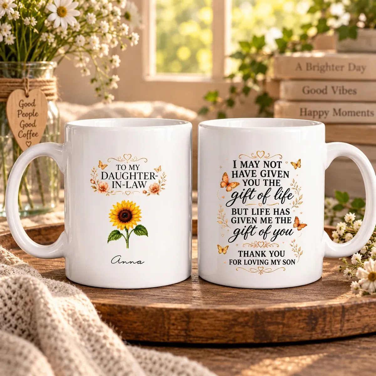 To My Daughter-In-Law, Thank You For Loving My Son. Flower & Butterfly Design. Custom Mug. Gift For Daughter-In-Law