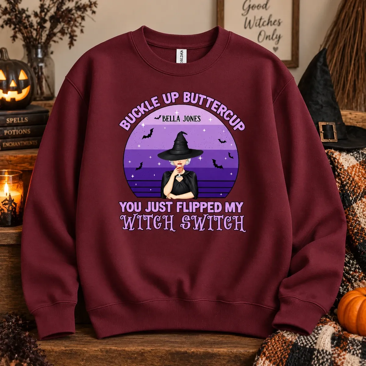 Personalized Witchy Halloween Crewneck Custom Character And Name, Buckle Up Buttercup Sweatshirt