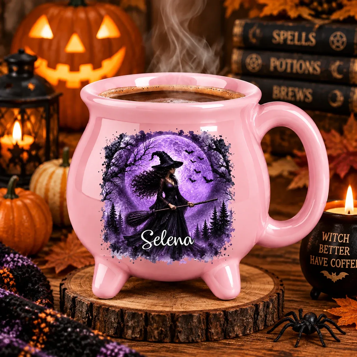 Personalized Witch Flying Broom Halloween Cauldron Mug