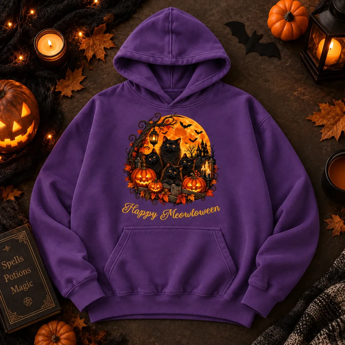 Personalized Halloween Hoodie Custom Quote, Happy Meowloween Black Cat Graphic Sweatshirt, Spooky Cat Lover Hoodie, Halloween Gift