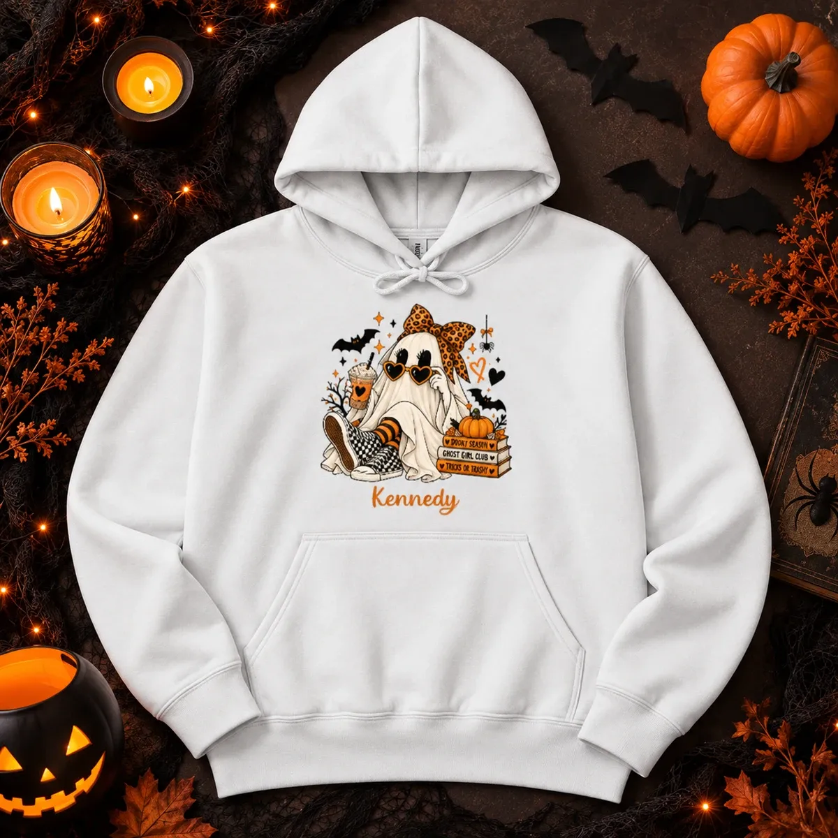 Custom Name Halloween T Shirt, Ghost Girl Pumpkin Graphic Sweatshirt Hoodie, Personalized Spooky Halloween Shirt, Cute Gift for Her