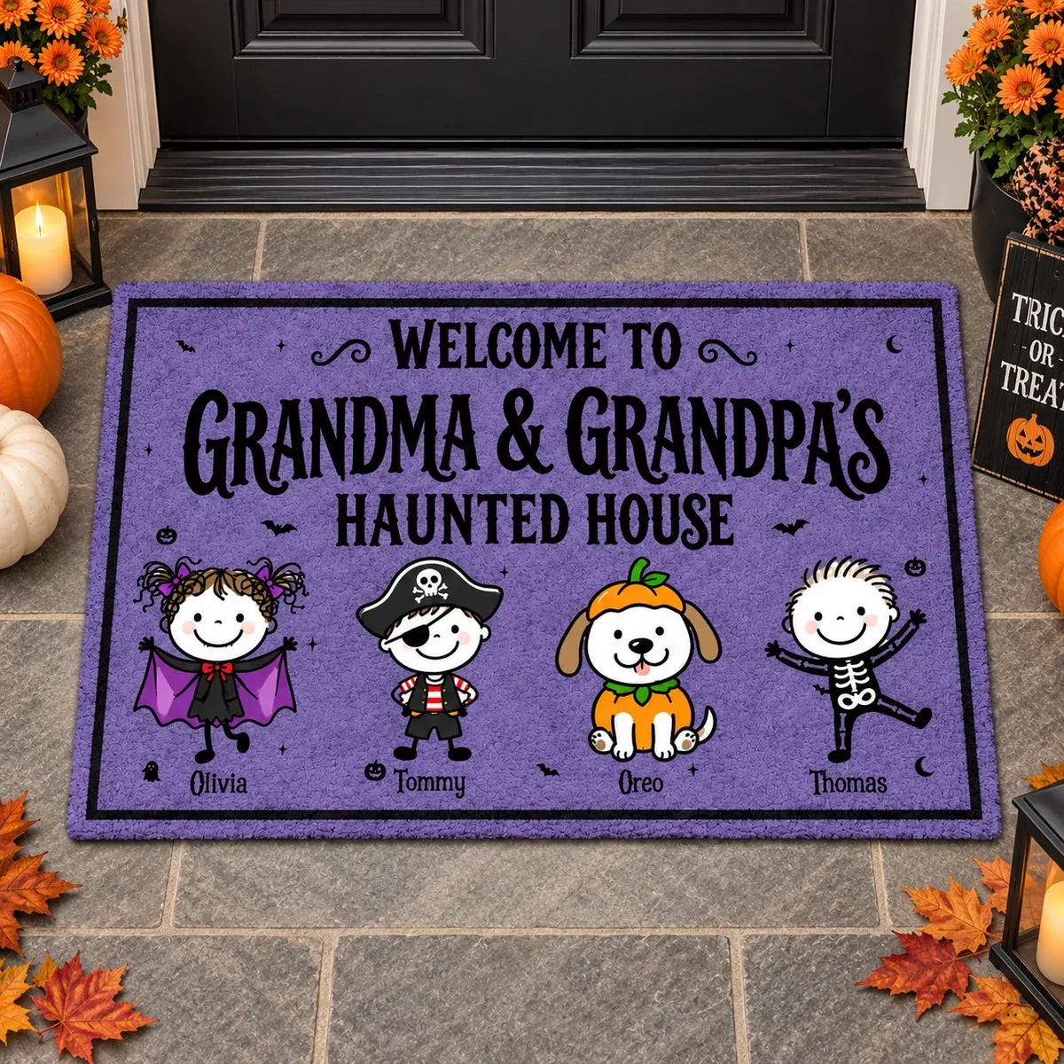 Personalized Crystal Velvet Floor Mat Custom Kids Names – Halloween Haunted House Family Door Mat Spooky Home Decor