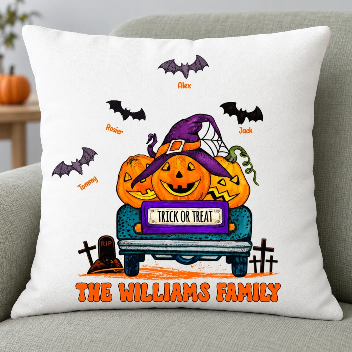 Cute Pumpkin Truck Fall Pillow Cover - Custom Family Name Halloween Pillow Cover, Personalized Bat Clipart with Kids Names