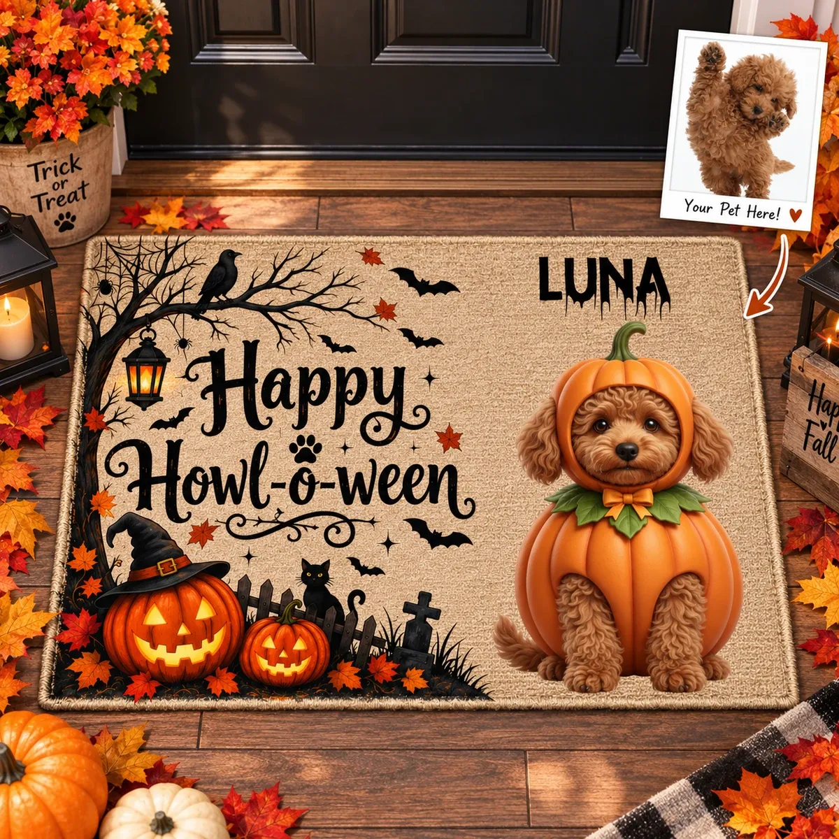 Personalized Halloween Door Mat Custom Pet Photo & Name – Happy Howl-O-Ween Pumpkin Dog Welcome Mat Spooky Home Decor