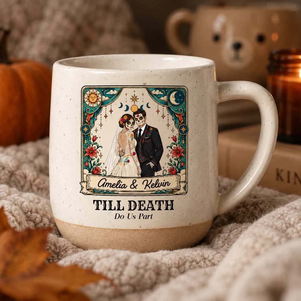 Custom Couple Photo Mug, Personalized Names Gothic Sugar Skull Coffee Cup, Till Death Do Us Part Wedding Mug, Anniversary Gift for Couple