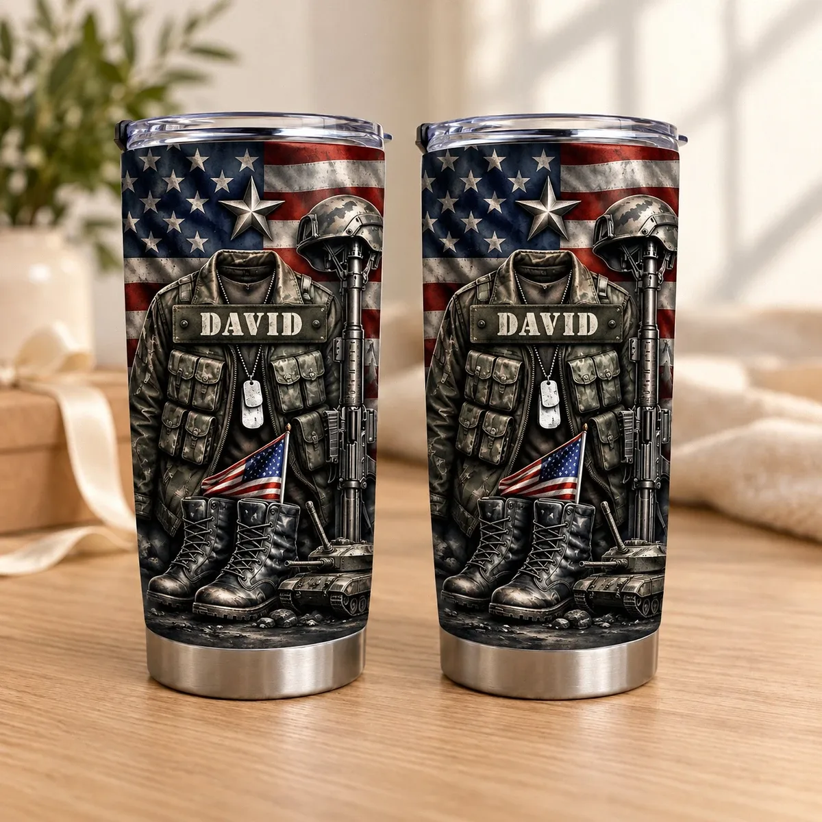 Custom Military Tribute Tumbler, Personalized Name Patriotic USA Flag Cup