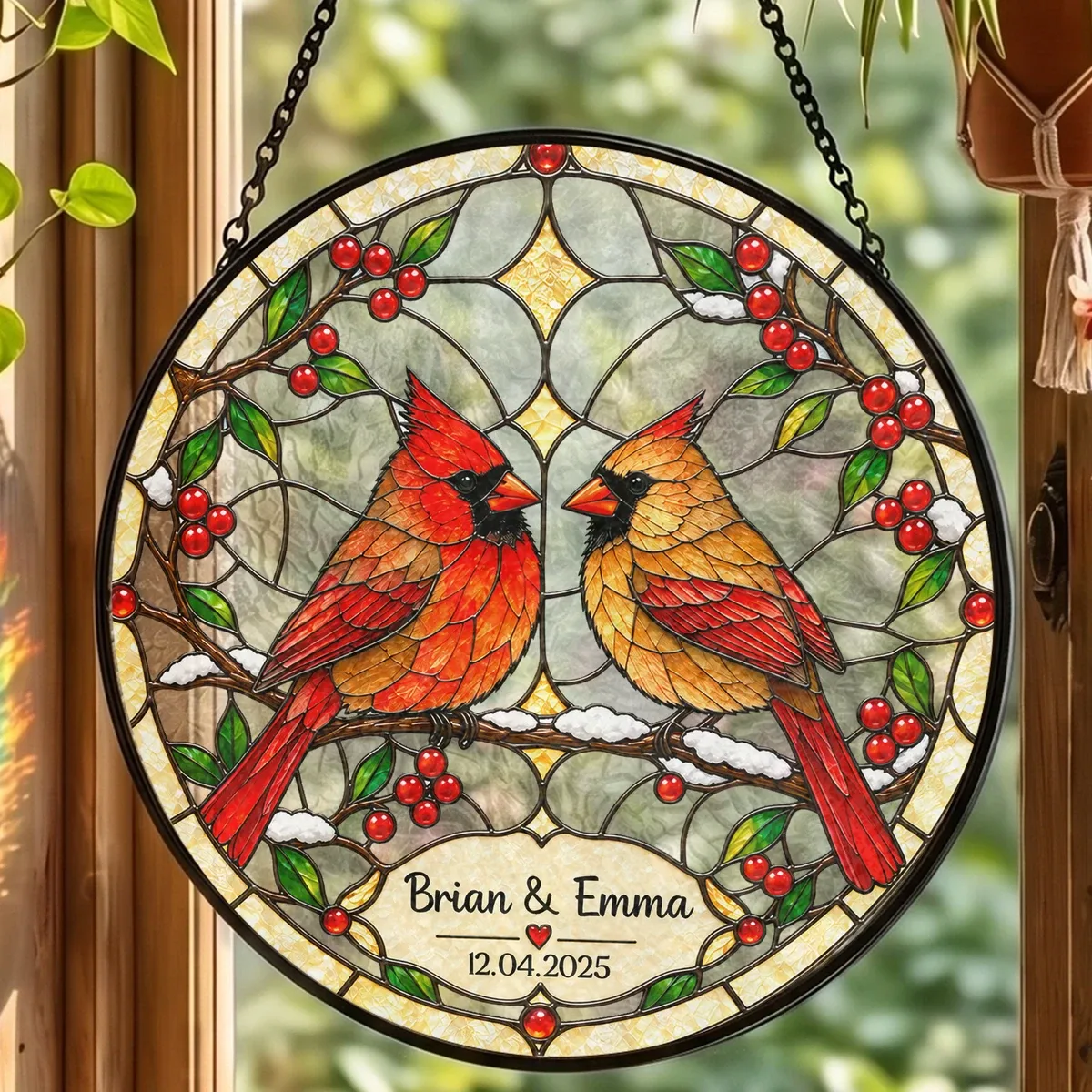 Personalized Stained Glass Cardinal Suncatcher, Custom Couple Names and Special Date