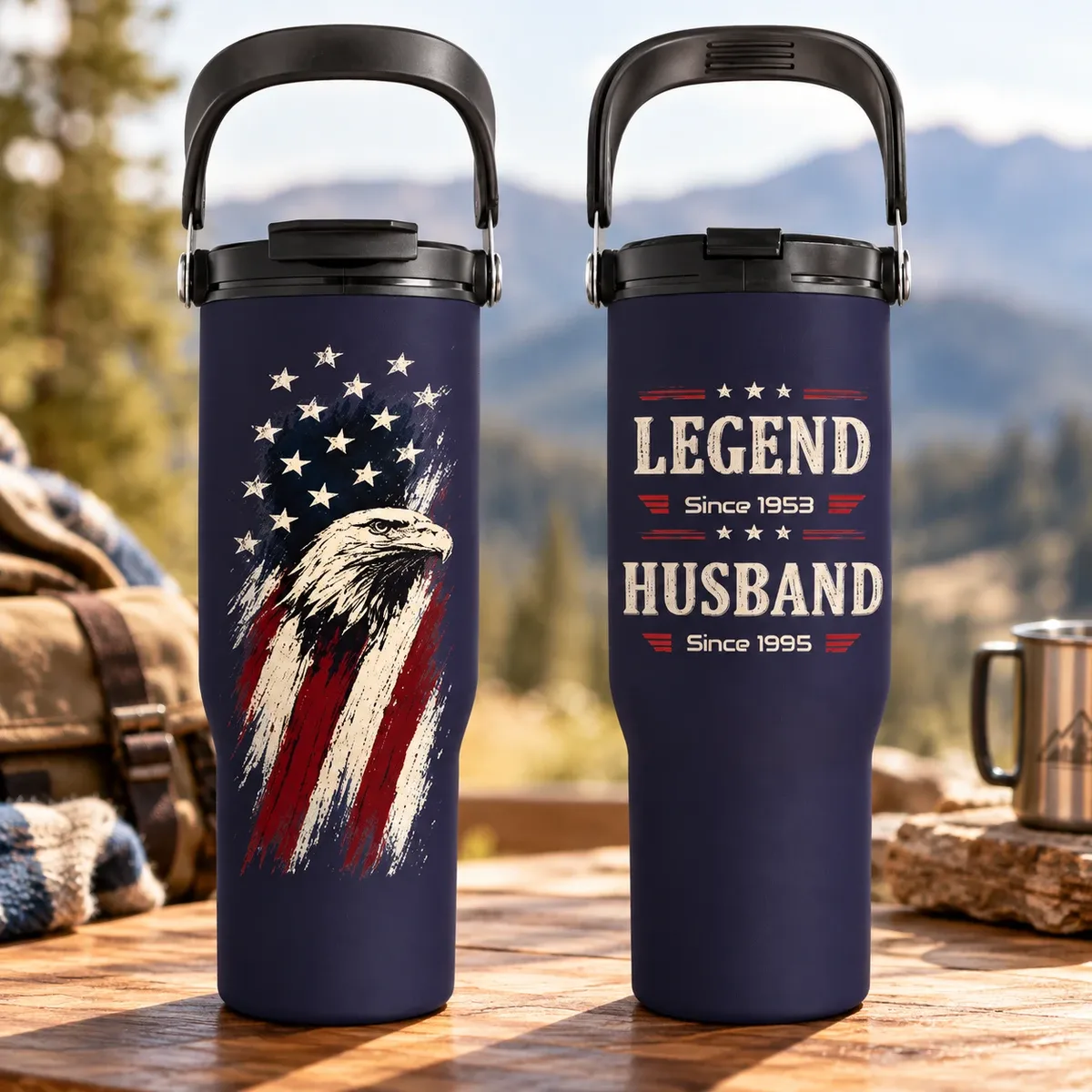 Legend Husband Papa Dad Custom Names & Years American Eagle Flag - Personalized Tumbler