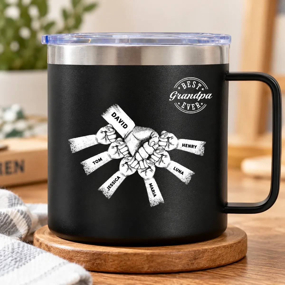 Best Dad, Grandpa Ever Fist Bump Custom Grandkids Names - Personalized Insulated Coffee Mug - Father's Day Gifts for Dad, Grandpa