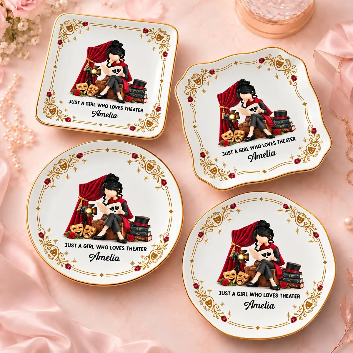 Personalized Ring Dish Custom Name – Theater Lover Gift for Actress Drama Student, Musical Theatre Jewelry Holder, Stage Lover Keepsake Gift