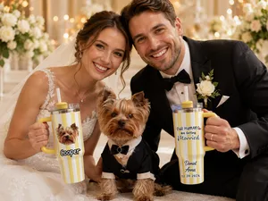 Our Humans Are Getting Married - Personalized Set of 2 Stripe 40oz Tumblers with Handle