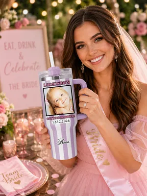 Personalized Striped "Look Who's Getting Married!" 40oz Tumbler, Custom Photo Wedding & Bachelorette Travel Tumbler
