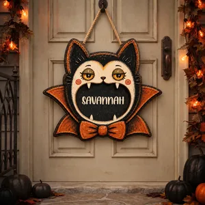 Personalized Halloween Door Sign Custom Name, Vampire Cat Bat Decor, Cute Gothic Cat Hanging Sign, Spooky Room and Front Door Decoration Gift