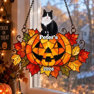 Custom Photo Halloween Pumpkin Cat Suncatcher