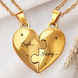 Bestie Sister Forever Friendship Jewelry - Personalized Heart Puzzle Necklace Set Gold