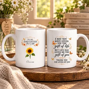 To My Daughter-In-Law, Thank You For Loving My Son. Flower & Butterfly Design. Custom Mug. Gift For Daughter-In-Law