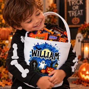 Personalized Halloween Candy Bag Custom Name Trick Or Treat Bag For Kids – Spooky Pumpkin Ghost Cat Halloween Gift
