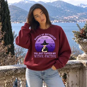 Personalized Witchy Halloween Crewneck Custom Character And Name, Buckle Up Buttercup Sweatshirt