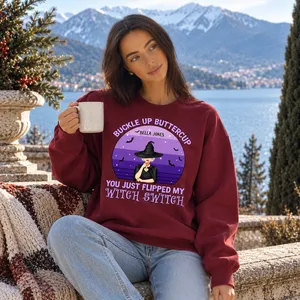 Personalized Witchy Halloween Crewneck Custom Character And Name, Buckle Up Buttercup Sweatshirt