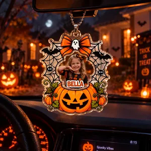 Personalized Halloween Ornament Custom Photo Name – Pumpkin Bat Spider Web Car Charm Halloween Gift