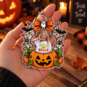 Personalized Halloween Ornament Custom Photo Name – Pumpkin Bat Spider Web Car Charm Halloween Gift