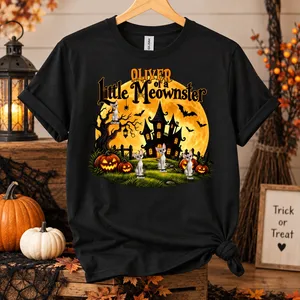 Personalized Cat Halloween T-Shirt Custom Character And Name, Little Meowster Pumpkin Haunted House Shirt
