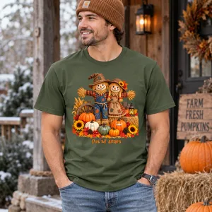 Personalized Autumn T-Shirt Custom Character And Name, Scarecrow Couple Pumpkin Harvest Shirt