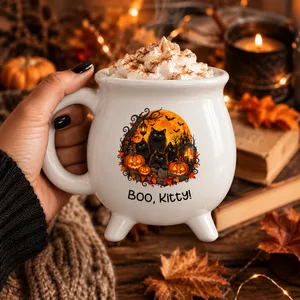Custom Quote Cauldron Mug, Black Cat Halloween Mug, Pumpkin Witch Coffee Cup, Personalized Spooky Mug, Cat Lover Gift