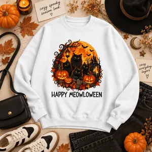 Personalized Halloween Hoodie Custom Quote, Happy Meowloween Black Cat Graphic Sweatshirt, Spooky Cat Lover Hoodie, Halloween Gift