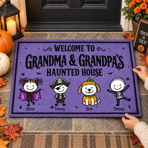 Personalized Crystal Velvet Floor Mat Custom Kids Names – Halloween Haunted House Family Door Mat Spooky Home Decor