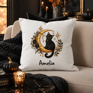 Personalized Halloween Pillow Custom Name, Black Cat Crescent Moon Cushion, Gothic Floral Celestial Throw Pillow, Witchy Fall Home Decor Gift