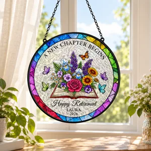 Custom Retirement Suncatcher, Personalized Name and Year Stained Glass Decor, Happy Retirement Wall Hanging, Retirement Gift for Coworker