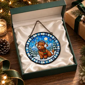 Christmas Highland Cow Suncatcher, Stained Glass Winter Window Hanging, Festive Highland Cattle Snow Decor, Cozy Holiday Gift