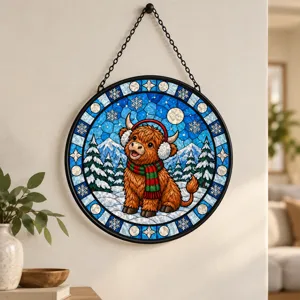 Christmas Highland Cow Suncatcher, Stained Glass Winter Window Hanging, Festive Highland Cattle Snow Decor, Cozy Holiday Gift