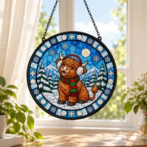 Christmas Highland Cow Suncatcher, Stained Glass Winter Window Hanging, Festive Highland Cattle Snow Decor, Cozy Holiday Gift