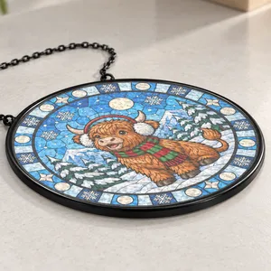 Christmas Highland Cow Suncatcher, Stained Glass Winter Window Hanging, Festive Highland Cattle Snow Decor, Cozy Holiday Gift