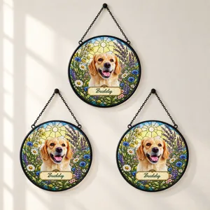 Personalized Pet Memorial Suncatcher Custom Dog Cat Name, Stained Glass Dog Cat Portrait, Pawprint Keepsake, Memorial Gift for Dog & Cat Lovers