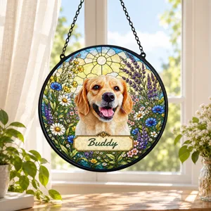 Personalized Pet Memorial Suncatcher Custom Dog Cat Name, Stained Glass Dog Cat Portrait, Pawprint Keepsake, Memorial Gift for Dog & Cat Lovers