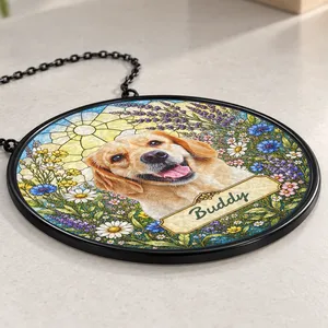Personalized Pet Memorial Suncatcher Custom Dog Cat Name, Stained Glass Dog Cat Portrait, Pawprint Keepsake, Memorial Gift for Dog & Cat Lovers