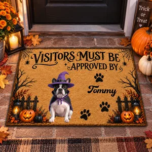 Personalized Crystal Velvet Floor Mat Custom Pet Photo & Name – Halloween Witch Dog Welcome Door Mat Spooky Home Decor Gift