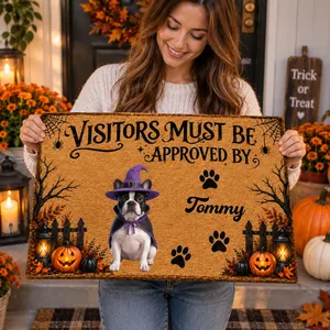 Personalized Crystal Velvet Floor Mat Custom Pet Photo & Name – Halloween Witch Dog Welcome Door Mat Spooky Home Decor Gift