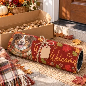Rustic Autumn Leaves Entryway Rug - Personalized Pet Portrait Doormat, Custom Pet Picture Welcome Mat