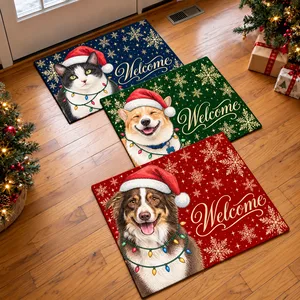 Personalized Door Mat Custom Pet Photo – Christmas Dog Welcome Mat With Santa Hat Snowflakes Holiday Home Decor Gift