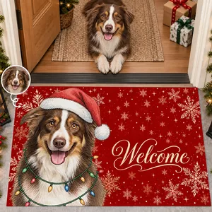 Personalized Door Mat Custom Pet Photo – Christmas Dog Welcome Mat With Santa Hat Snowflakes Holiday Home Decor Gift